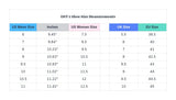 Table showing shoe size measurements in various units including inches, US Men's, US Women's, UK, and EU.