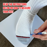 Person measuring a foot with a sock on a piece of paper, text overlay about measuring feet.