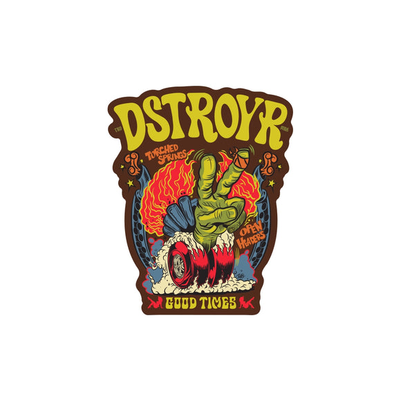 Sticker with a graphic design featuring a hand and text on a white background