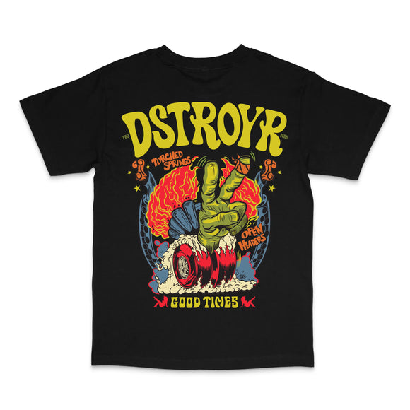 Black t-shirt with colorful graphic design and text on a white background