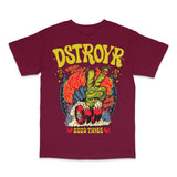 Maroon t-shirt with graphic design and text on a white background