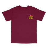 Maroon t-shirt with 'Good Times' text and graphic on a white background