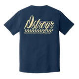 DSTROYR No Destination T-Shirt in vintage navy — back view showing automotive-inspired screen-printed graphic