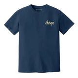 DSTROYR No Destination T-Shirt in vintage navy — front view with bold automotive emblem-inspired graphic