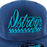 DSTROYR No Destination ink blue hat — close-up detail of embroidered automotive logo