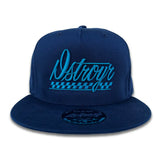DSTROYR No Destination ink blue hat — front view with automotive emblem-inspired graphic