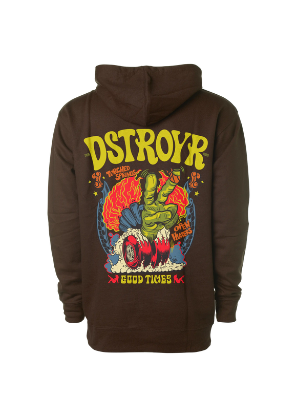 Brown hoodie with colorful graphic design on the back against a white background