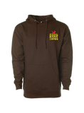 Brown hoodie with 'Good Times' text and graphic on a white background